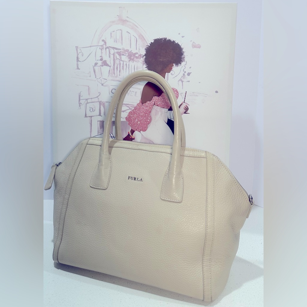 Furla Ivory Cream Pebbled Leather Large Satchel Handbag Tote Travel